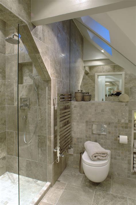 The largest collection of home design and decorating ideas on the internet, including kitchens and bathrooms. Luxurious shower room in grayscale. Narrow seat against ...