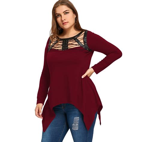 Wipalo Women T Shirt 5xl Plus Size Pu Leather Trim Lace Up Top Gothic