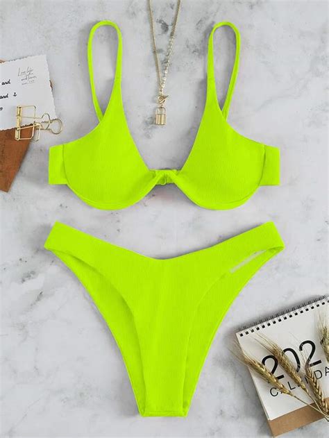 Neon Lime Rib Underwire Bikini Swimsuit SHEIN USA