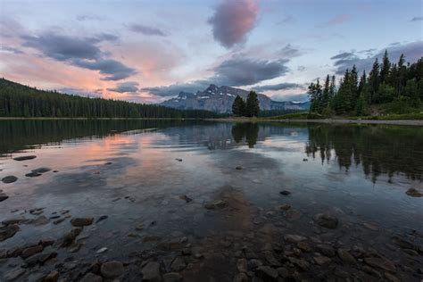 Premium Photo Sunset At Two Jack Lake In Banff National Park Canada