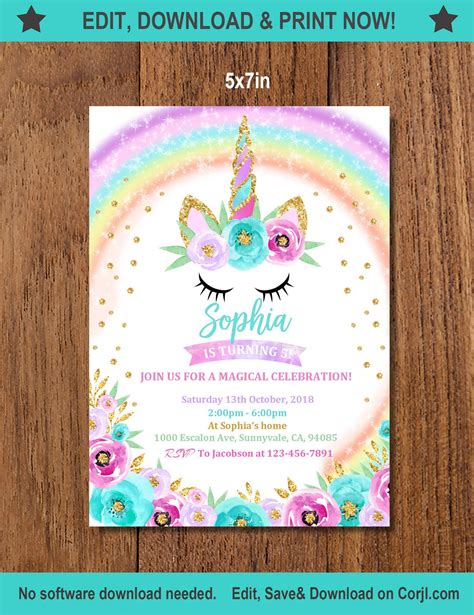 Rainbow Invitations Unicorn Birthday Invitations Unicorn Birthday