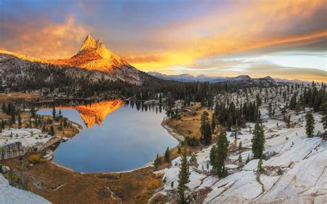 Landscape Nature Mountain Sunset Forest Snow Lake Reflection Yosemite National Park