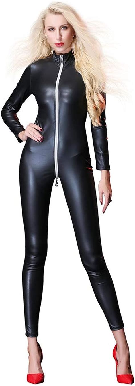 iwemek womens wet look jumpsuit faux leather catsuit zipper crotch clubwear turndown neck