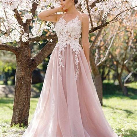 Charming A Line Round Neck Sleeveless Pink Tulle Long Prom Dress With Apliques On Luulla