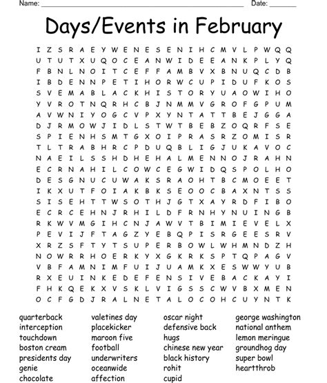 Daysevents In February Word Search Wordmint