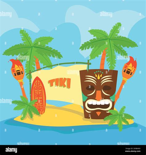 Tiki Cartoon With Torches And Palm Trees Design Of Hawaiian Tropical