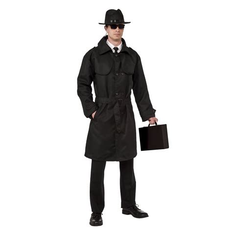 Secret Agent Spy Detective Trench 007 Coat Jacket Mens Costume Black