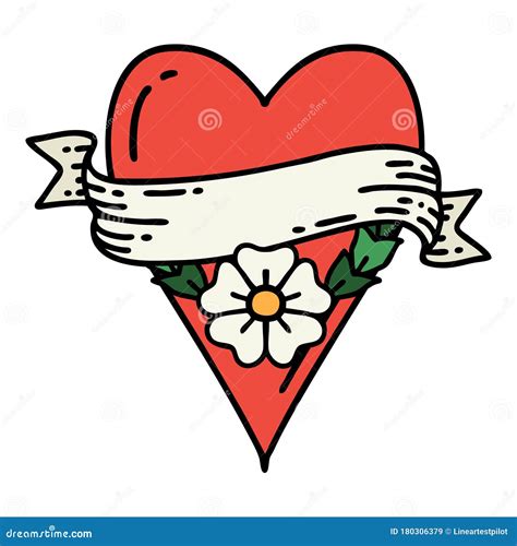 Traditional Tattoo Of A Heart Flower And Banner Stock Vector