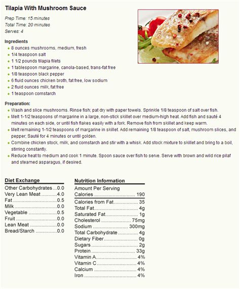 From tacos to po'boys to piccata, these healthy tilapia recipes are reason enough to give this mild, white fish a try. Diabetic Recipes - Tilapia with Mushroom Sauce * - | Healthy eating recipes, Diabetic diet ...