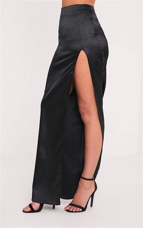 Harleigh Black Satin Split Maxi Skirt Skirt Prettylittlething