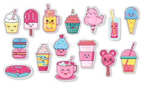 Set Of Kawaii Drink Icons Paper Cups And Tea Bag With Cute Faces Stock