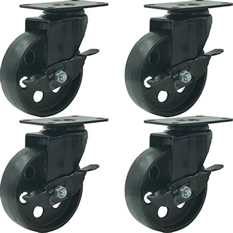 4 All Black Metal Swivel Plate Caster Wheels Wbrake Lock Heavy Duty