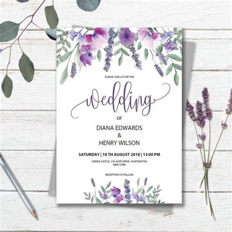 Purple Wedding Invitation Template Printable Lavender Floral Invite