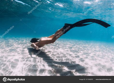 Naked Woman Freediver Glides Over Sandy Bottom Beautiful Woman Stock