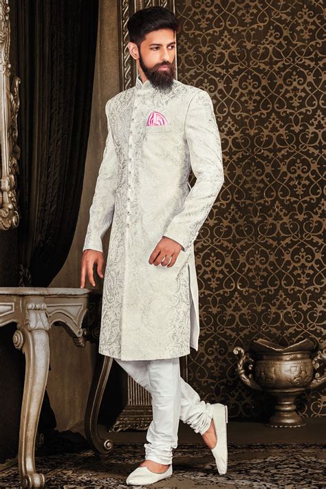 Buy Samyakk Silver And Gray Silk Embroidered Pakistani Sherwani Online