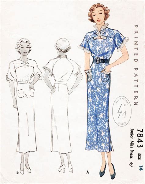 Vintage Sewing Pattern 1930s 30s Dress Reproduction Art Etsy