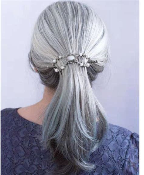 Silver Grey Human Hair Ponytail Hairpiece Long Gray Dye Free Natural