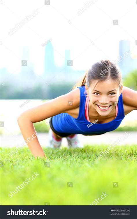 Exercise Woman Doing Push Ups In Outdoor Workout Training Asian Sport
