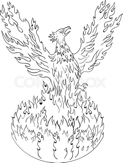 Phoenix Rising Fiery Flames Black And White Drawing Stock Vector