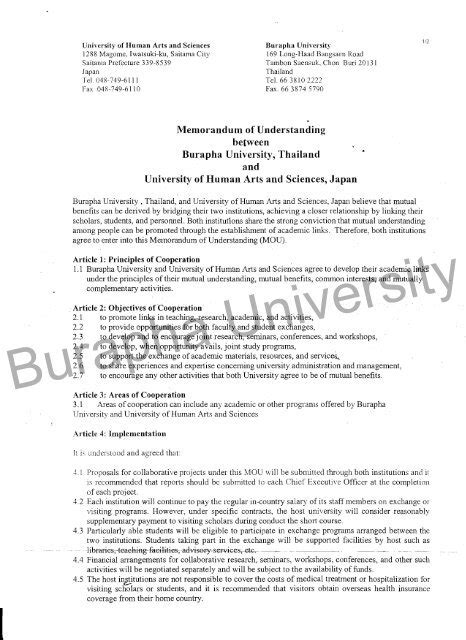 Memorandum Of Understanding Between Burapha University