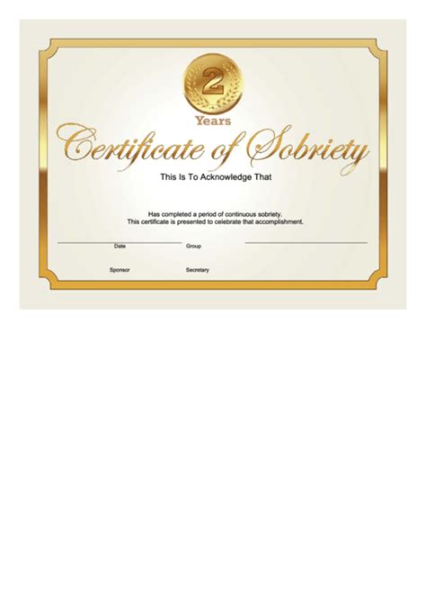 Sobriety Certificate Template 2 Years Gold Printable Pdf Download