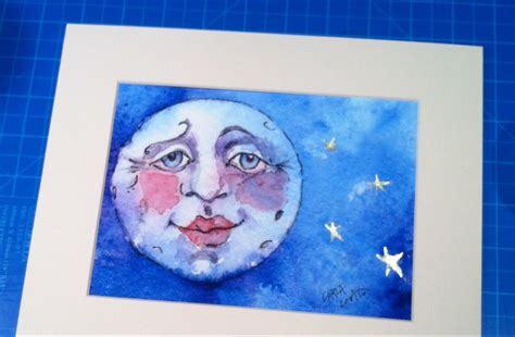 Blue Moon Moon Painting Moon Face Moon And Stars Nursery Etsy