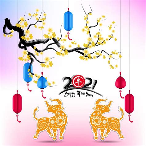 Cherry Blossom And Ox Animals For Chinese New Year 2021 696287 Vector