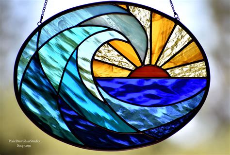 View of palos verdes to catalina island stained glass window panel. Stained Glass Ocean Wave Suncatcher, Surf's up at Dawn ...