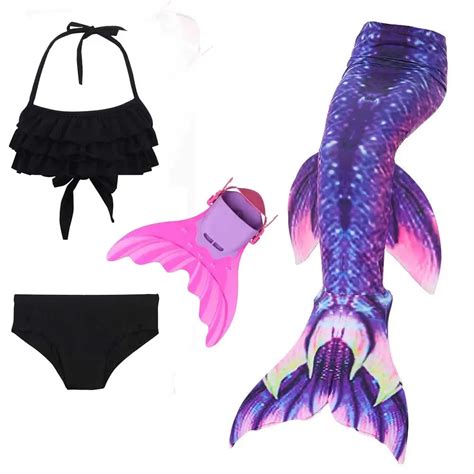 Girls Mermaid Tail With Monofin For Swimming Cosplay Swimsuit Flipper