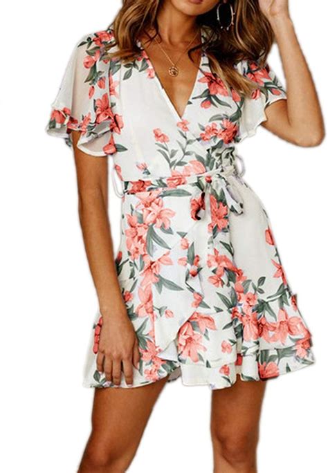 womens summer plus size v neck short sleeves floral print beach casual midi wrap dress with