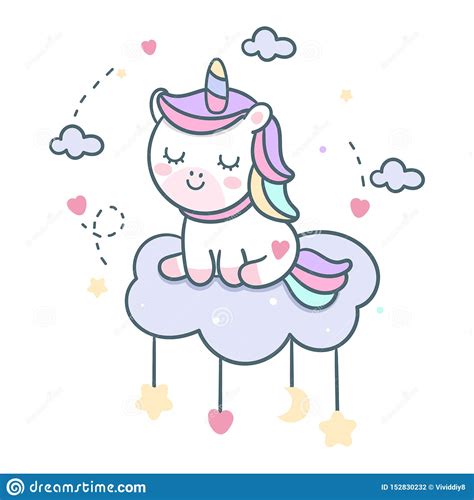 Cute Unicorn Vector Pony Cartoon On Cloud With Moon And Star Magic
