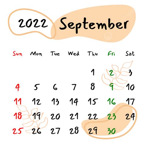 Vector Calendario Mensual Septiembre 2022 Estética Png Calendario