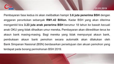 Maklumat terkini mengenai tarikh pembayaran bsh fasa 3 dijadualkan akan dibuat pada 28 ogos 2019 anda boleh membacanya di sini. Pembayaran BSH Fasa 2 Mulai 28 Mei - YouTube