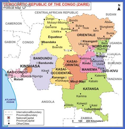 Map is showing the democratic republic of the congo with surrounding countries and international borders, district boundaries, the national capital kinshasa, district capitals, major cities, main roads. Congo, Democratic Republic Subway Map - ToursMaps.com