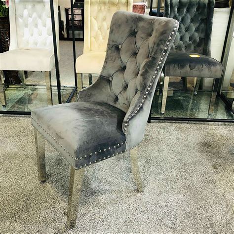 Dining chairs velvet chrome knocker, plush velvet, studs, knockerback, wipeable. Allegra Grey Velvet And Chrome Tufted Dining Chair With ...