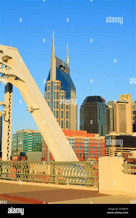 Shelby Pedestrian Bridge And Nashville Skylinetennesseeusa Stock Photo