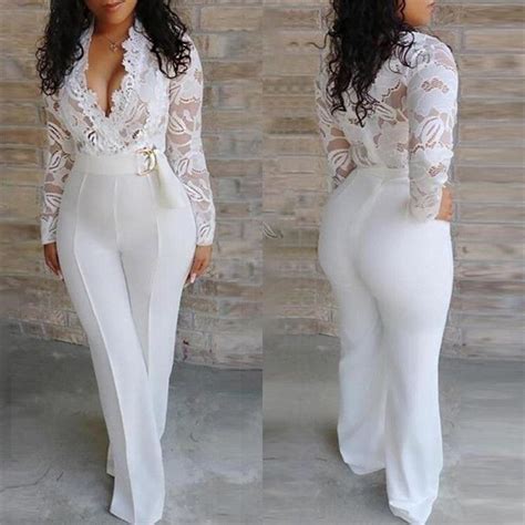 Women White Lace Jumpsuit Sexy Hollow Out V Neck Long Sleeve Clothes