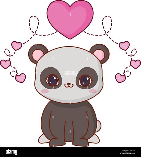 Cute Baby Panda Sitting Love Hearts Romantic Vector Illustration Stock