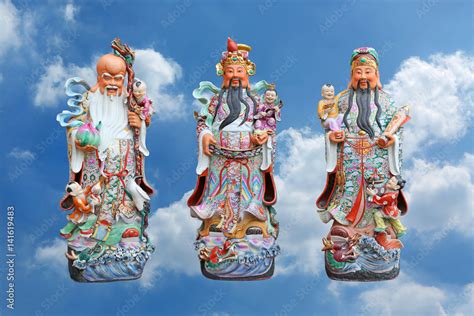 Three Gods Of Chinese People Isolated On Cloud Sky Background Hock Lok