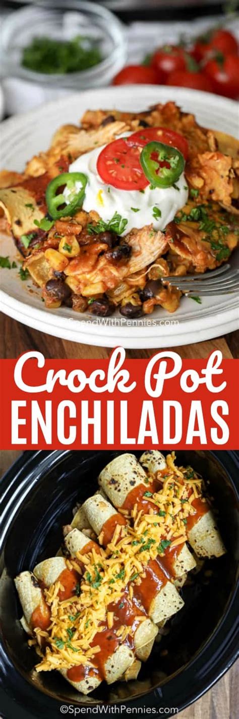 Top it with fresh tortillas or tortilla strips, sour cream and cheese. Easy Slow Cooker Chicken Enchiladas - Spend With Pennies