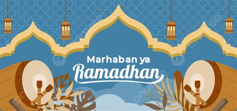 Flat Cartoon Islamic Background Greeting Marhaban Ya Ramadhan Vector