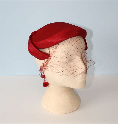 1950s Hat Red Satin Pillbox Hat Vintage Red Headband Hat