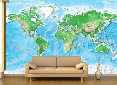 World Map Geophysical Hi Res Wall Map Map Wall Mural Map Murals Images