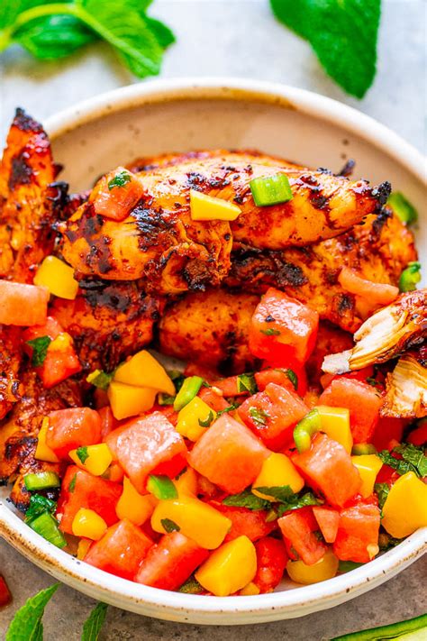 Mango salsa mexican grilled chicken with coconut rice video juicy grilled chicken, sweet coconut rice and the fresh mango salsa takes it over the top! Grilled Chicken and Watermelon Mango Salsa - Averie Cooks