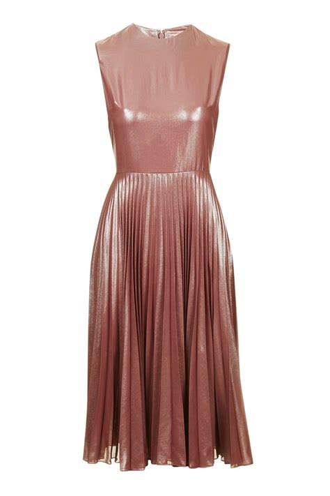Lyst Topshop Metallic Lamé Pleated Midi Dress In Pink