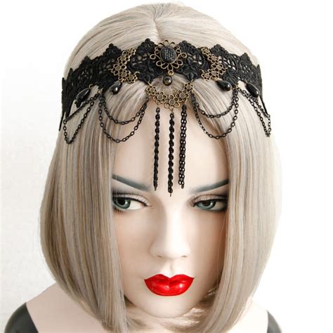Women Headband Bridal Wedding Black Flower Crown Layer Lace Pearl Chain