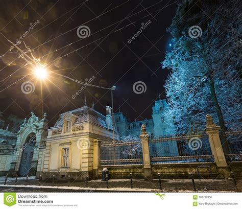 Night Winter Potocki Palace In Lviv City Ukraine Stock Photo Image