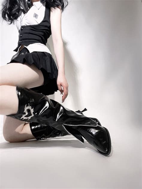 pointed toe punk goth black knee high heels boots
