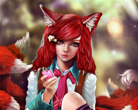 Ahri Blue Art Girl Fox Phone Pink Fantasy Red League Of
