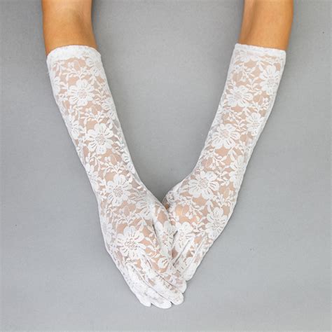 GLV961 WH LACE LONG GLOVE W FLOWERS WHITE Gloves